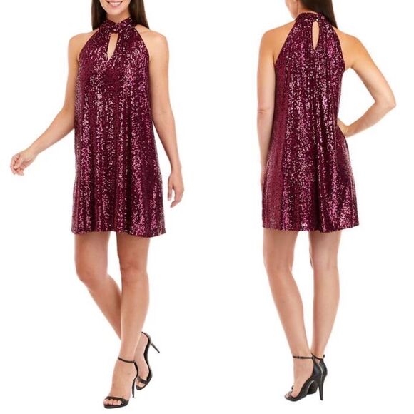 The Limited Burgundy Wine Sequin Halter Neck Mini Dress Size XL - Picture 1 of 9